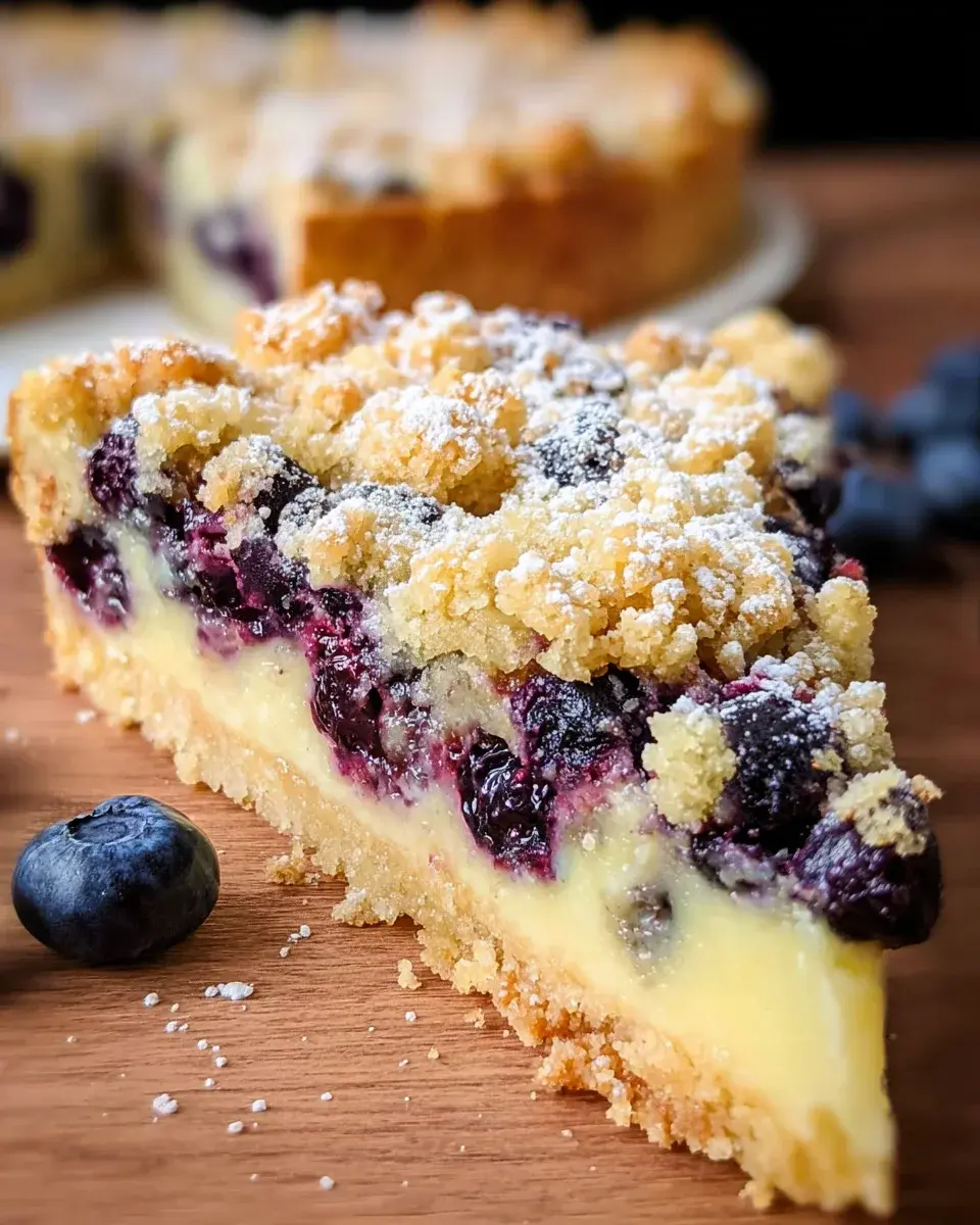 Blaubeerkuchen mit Pudding und Streusel