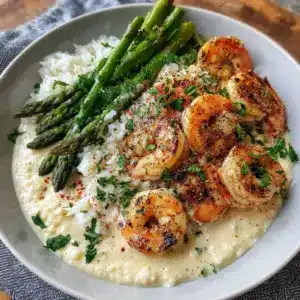 Grilled Shrimp Bowl with Asparagus & Creamy Garlic Sauce