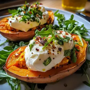 Cremige gefüllte Süßkartoffeln mit Burrata für ein gesundes Abendessen