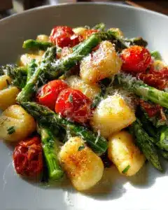 Grüner Spargel mit Gnocchi und Tomaten aus der Pfanne