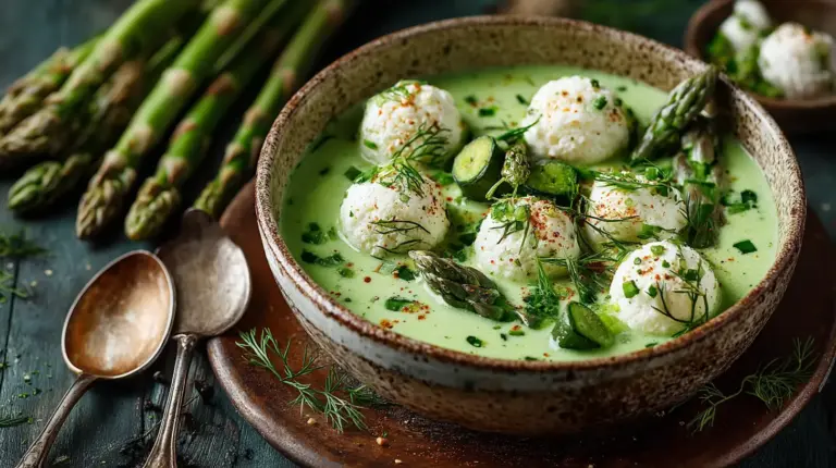 Grüne Spargelsuppe mit Ricottaklößchen