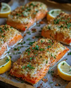 Krosse im Ofen gebackene Parmesan Krustenlachsfilets