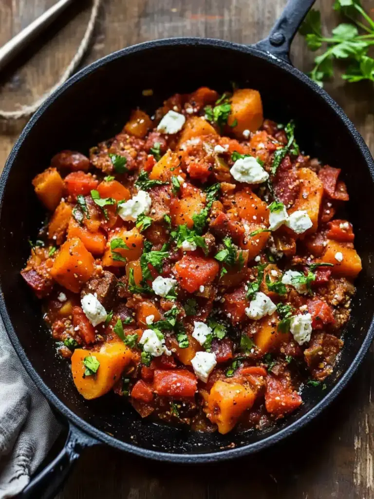 Einfach köstliche Kürbis-Hackfleisch-Pfanne mit Feta