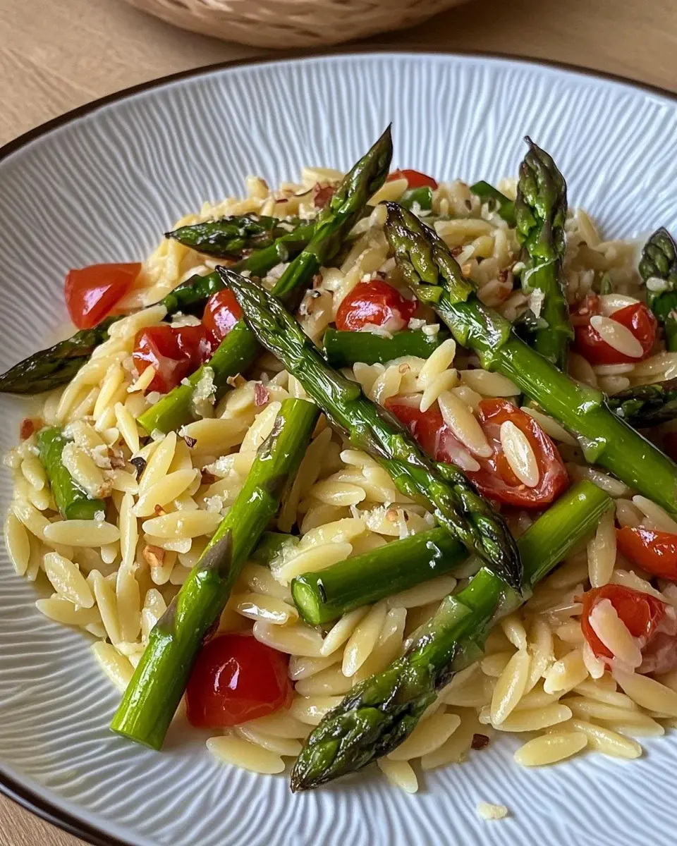Orzo Pasta mit grünem Spargel