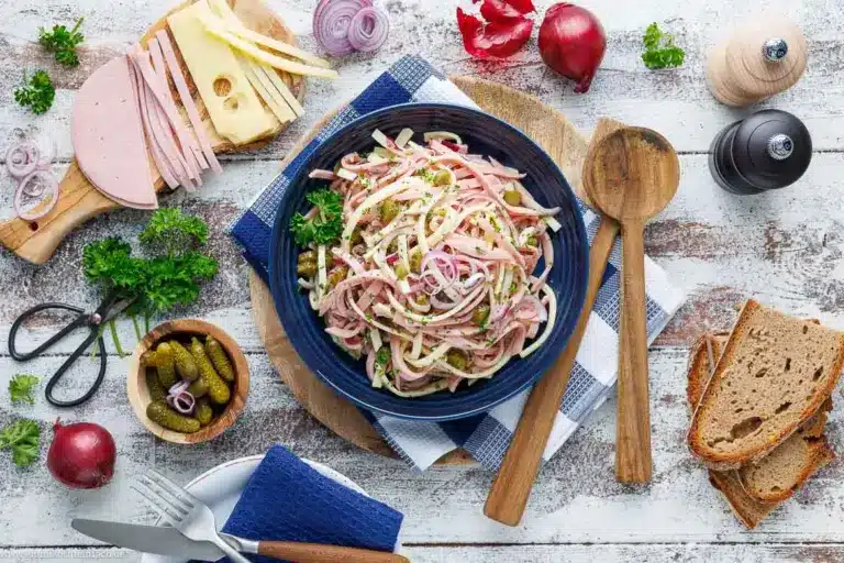 Schweizer Wurstsalat mit Käse und Gürkchen