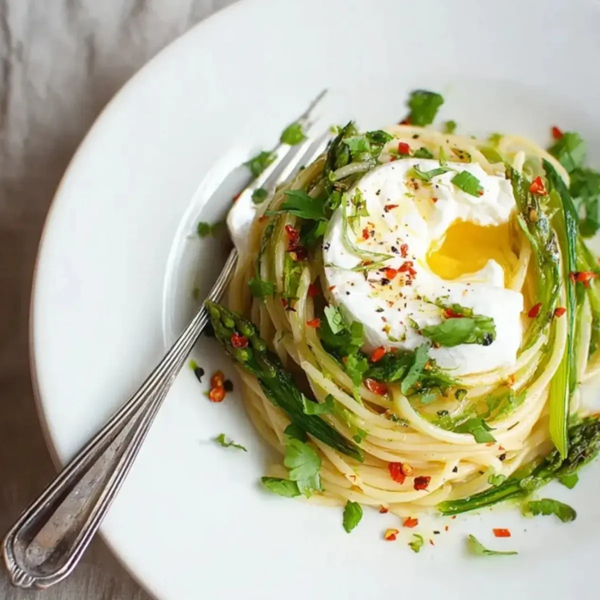 Spaghetti mit grünem Spargel Burrata Chili Zitrone