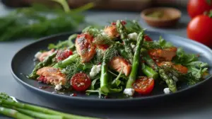 Frühlingsfrischer Salatgenuss mit grünem Spargel und Ofenlachs