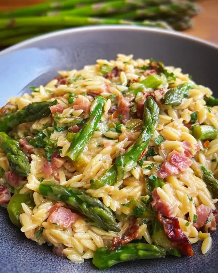 Spargel Orzo Pasta mit Schinken
