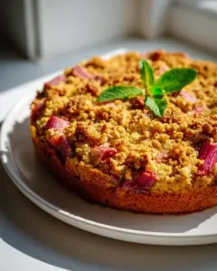 Veganer Rhabarberkuchen mit Kokosmilch und knusprigem Crumble