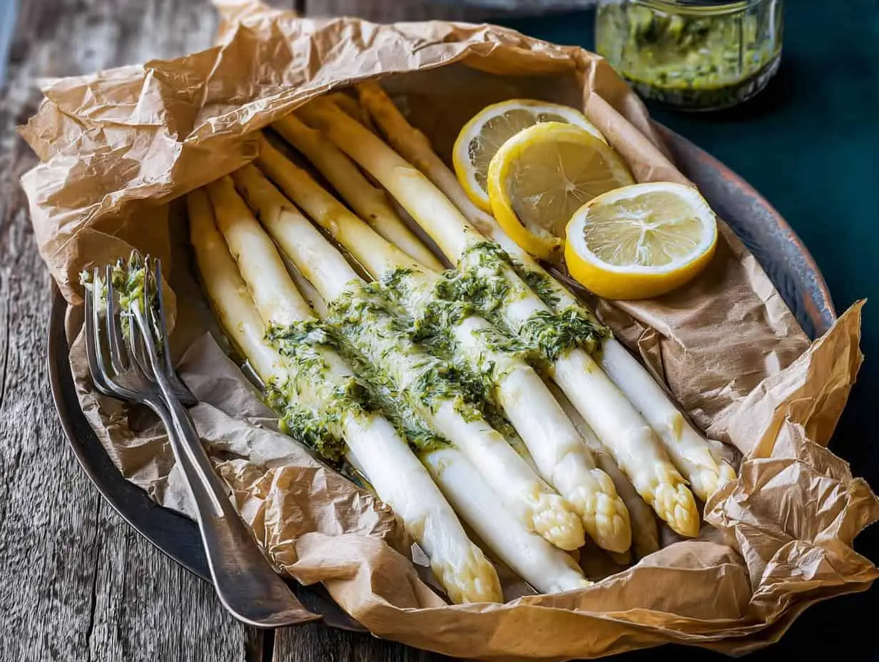 Weißer Spargel im Backpapier gegart