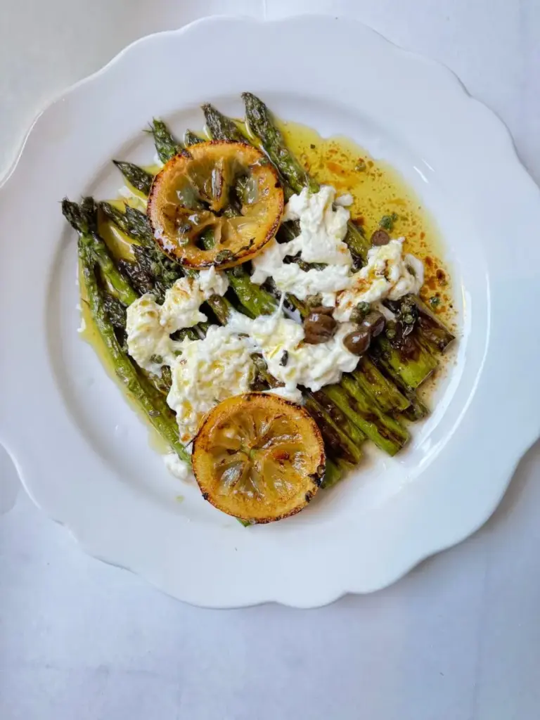 Lemony Grilled Asparagus with Straciatella and Prosciutto
