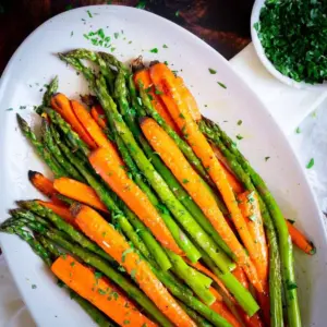 Roasted Asparagus and Carrots with a Simple Lemon Garlic Sauce