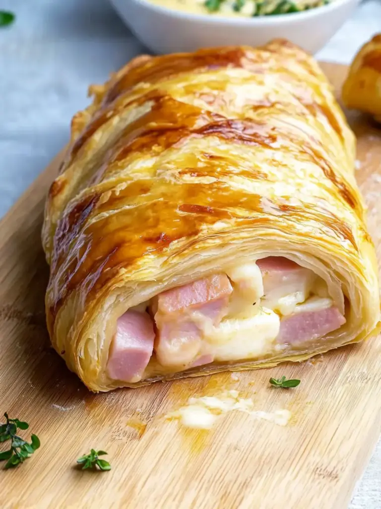 Einfacher herzhafter Blätterteigstrudel mit Käse und Schinken