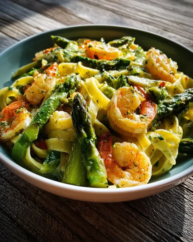 Köstliche Tagliatelle mit Spargel und Garnelen
